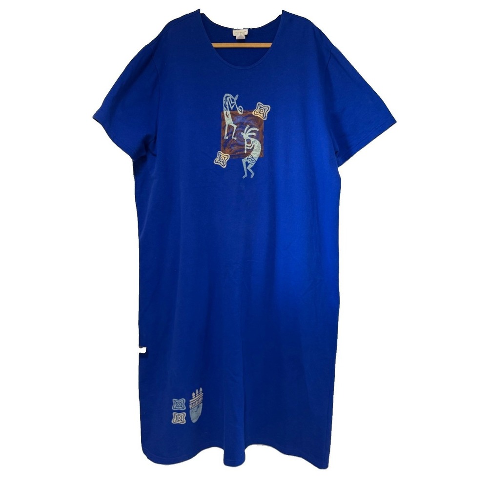 VTG Cite Southwest Kokopelli Nightgown Blue Cotton Sleep Shirt Maxi Dress USA 3X